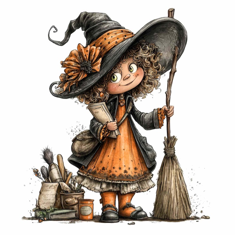 May include: Illustration of a young witch with curly hair, wearing an orange dress, black coat, and a large black hat with an orange band and flower. She holds a broom and a scroll, with art supplies nearby. Whimsical Halloween theme.