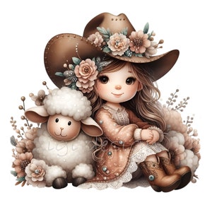 12 PNG Cowgirl with lamb clipart – Farm girl PNG – Cute western child and sheep art for nursery decor, kids prints, cards and crafts
