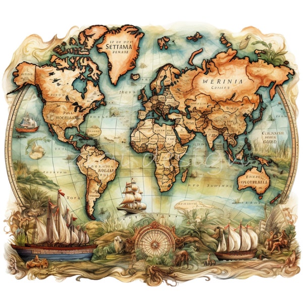 World Map Clipart 15 PNG, Watercolor Vintage Old Map Illustration, Clip Art Printable Card Making, Junk Journal