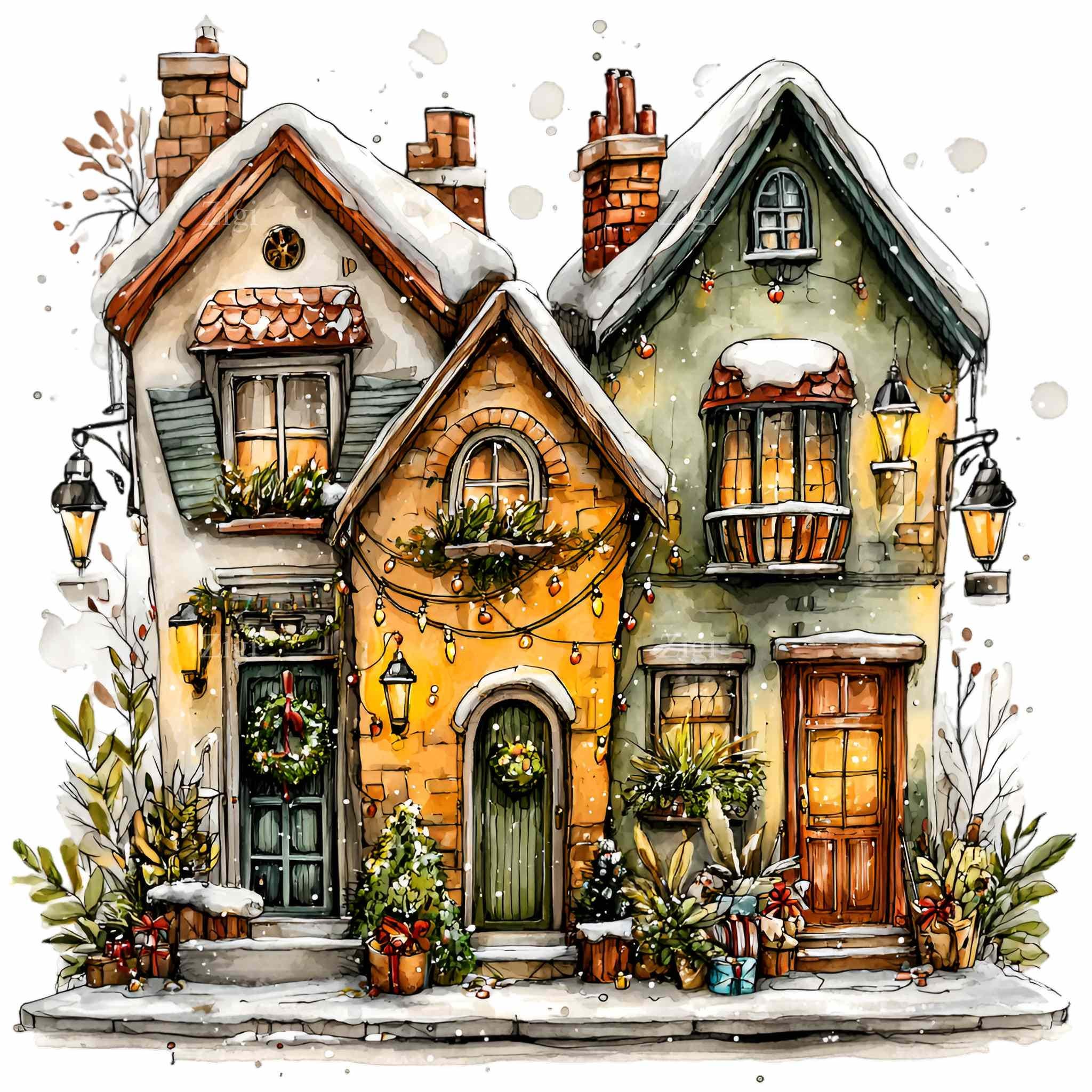 12 PNG Snowy Village PNG – Christmas Houses Clipart – Winter Street ...