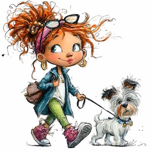 12 PNG Walking Dog Girl – Cute PNG Clipart – Redhead Kid with Pup, Fall Outfit, Pet Lover Art for Sublimation & Stickers