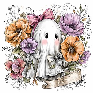 May include: A whimsical illustration of a friendly ghost surrounded by colorful flowers. The ghost wears a pink bow and has rosy cheeks. The flowers are in shades of orange, purple, and pink, with green leaves. A banner is at the bottom.
