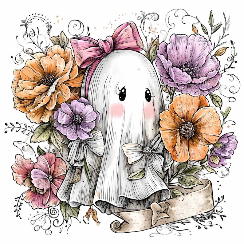 May include: A whimsical illustration of a friendly ghost surrounded by colorful flowers. The ghost wears a pink bow and has rosy cheeks. The flowers are in shades of orange, purple, and pink, with green leaves. A banner is at the bottom.