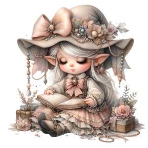15 lesende Elfen-Mädchen PNG Clipart – Süße Fantasy Fee mit Buch, Hut & Blumen