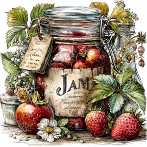 Może przedstawiać: Akwarelowa ilustracja słoika dżemu truskawkowego, z napisem "JAM". Słoik jest wypełniony całymi truskawkami i otoczony świeżymi truskawkami, liśćmi i kwiatami. Z słoika wisi stara etykieta.