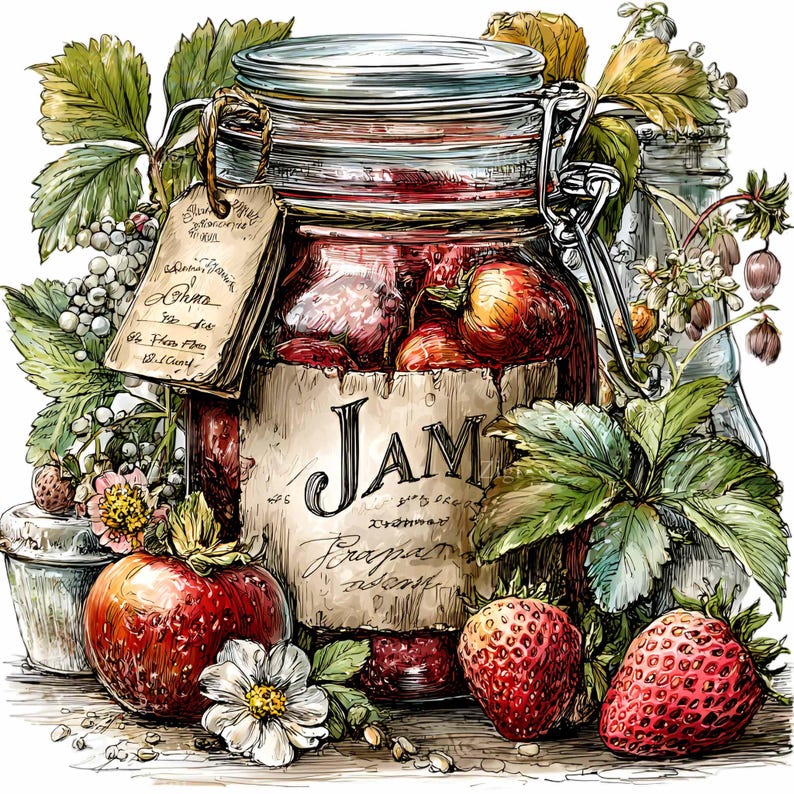Może przedstawiać: Akwarelowa ilustracja słoika dżemu truskawkowego, z napisem "JAM". Słoik jest wypełniony całymi truskawkami i otoczony świeżymi truskawkami, liśćmi i kwiatami. Z słoika wisi stara etykieta.