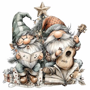 May include: Watercolor illustration of two gnomes singing carols. One gnome wears glasses and reads from a music book, while the other plays a ukulele. A decorated Christmas tree and wrapped gifts are in the background.