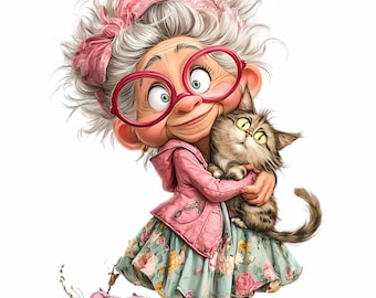 May include: A cartoon illustration of an elderly woman with gray hair and large red glasses, hugging a tabby cat. She wears a pink jacket, a floral dress, and a pink headband. A pink shoe is on the ground.