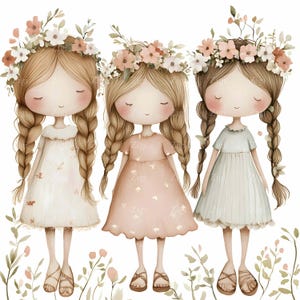 28 imágenes prediseñadas de niñas trenzadas en formato JPEG: corona floral en formato JPG para impresiones de guardería, arte mural, decoración de baby shower, pegatinas para planificadores, diarios y álbumes de recortes.
