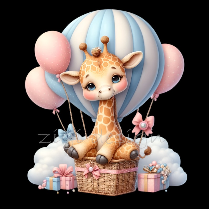 May include: A cute giraffe wearing a pink bow sits in a wicker basket, holding onto a blue and white striped hot air balloon. The balloon is surrounded by pink and white clouds and pink and blue gift boxes.