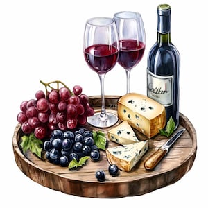 20 tablas de vino y queso PNG con uvas rojas, queso azul y copas para decoración de cocina, menús y diseño de sublimación.