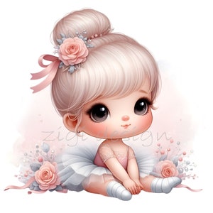 May include: A digital illustration of a young ballerina with blonde hair, wearing a pink and white tutu, and a pink flower in her hair. The background is a soft pink watercolor wash.