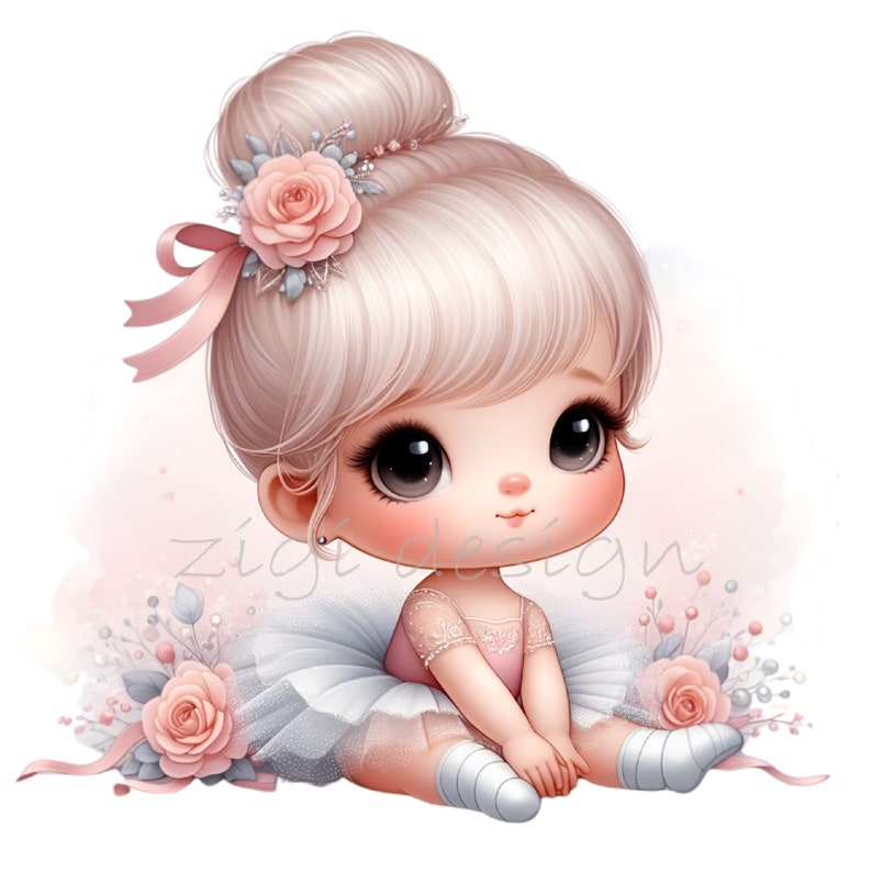 May include: A digital illustration of a young ballerina with blonde hair, wearing a pink and white tutu, and a pink flower in her hair. The background is a soft pink watercolor wash.