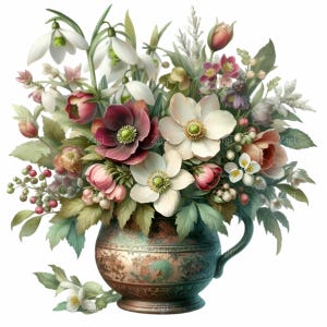 12 Clipart PNG floreali di vasi rustici – Mazzi di fiori selvatici in vasi di ceramica su mensola di legno – Arte decorativa primaverile neutra