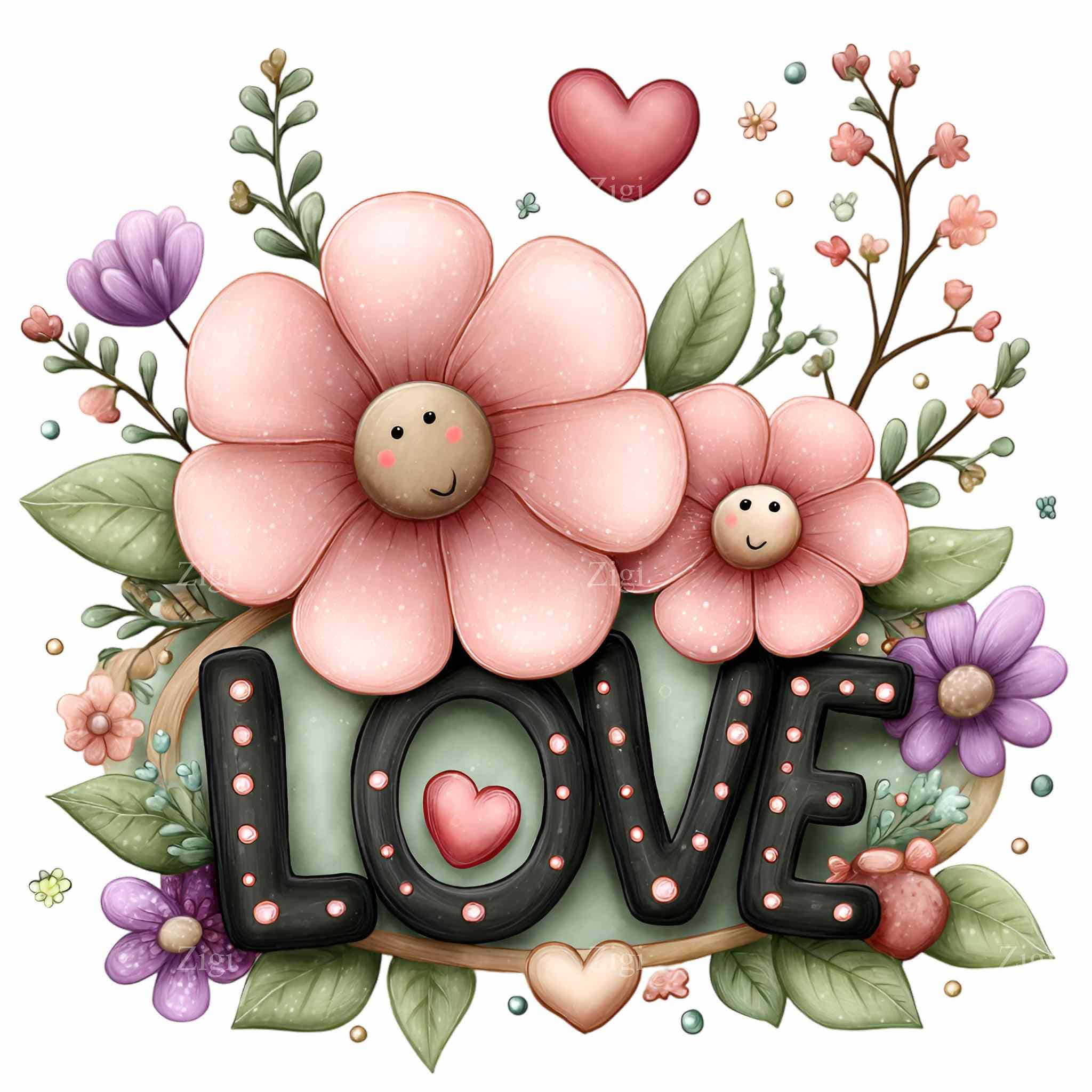 12 PNG Floral LOVE Clipart – Romantic Flower Letters PNG for Valentine ...
