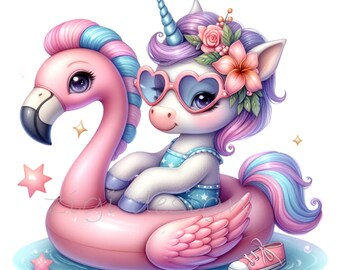 15 PNG Sommer Einhorn Clipart, Flamingo Float Tropische Party Grafik