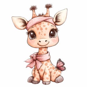 16 キリン PNG クリップアート、ピンクのスカーフとヘッドバンドをつけた赤ちゃんキリン、子供の装飾用のかわいいデジタル ダウンロード
