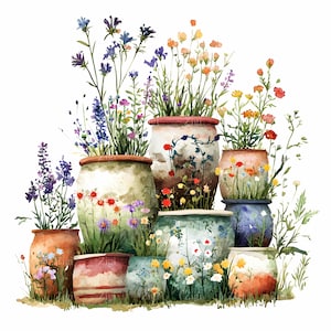 25 JPEG Gestapelte Blumentöpfe Clipart JPG, Rustikaler Garten Blumenkunst, Frühlings-Wildblumen-Pflanzer, Cottage-Pflanzendekor
