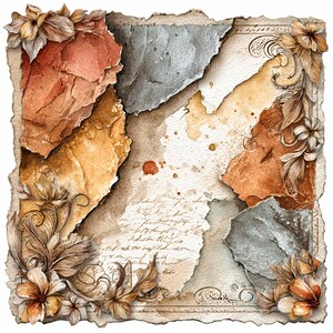 Peut inclure: Un design carré en papier déchiré avec une esthétique vintage. L'œuvre présente du papier texturé en couches dans des tons de marron, de gris et de crème, avec des ornements floraux dans les coins. Le design comprend une écriture manuscrite et des éclaboussures d'aquarelle.