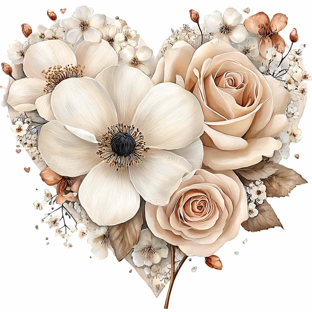 16 PNG Floral Heart Clipart – Elegant Rose Bouquet Watercolor Romantic ...