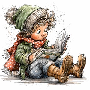 12 PNG冬の読書少年クリップアート - 本を持つ子供 PNG - 子供向けのクラフト、カード、昇華のためのストーリータイムのイラスト
