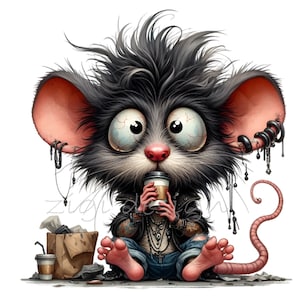12 PNG grunge mouse clipart – coffee rat png – funny junk food animal, hipster art for mugs, crafts, tired mood designs, digital downloads