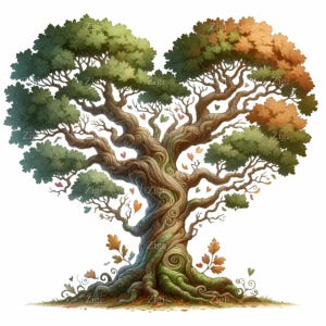 12 Clipart de PNG de árvore em forma de coração - Árvore caprichosa com tronco torcido e folhas coloridas - Arte de ilustração da natureza