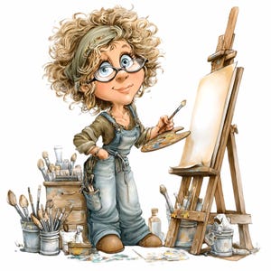 May include: Cartoon illustration of an artist with curly blonde hair, wearing glasses, a green headband, and blue overalls. She holds a paintbrush and a palette, standing next to a wooden easel with a blank canvas. Paintbrushes and supplies surround her.