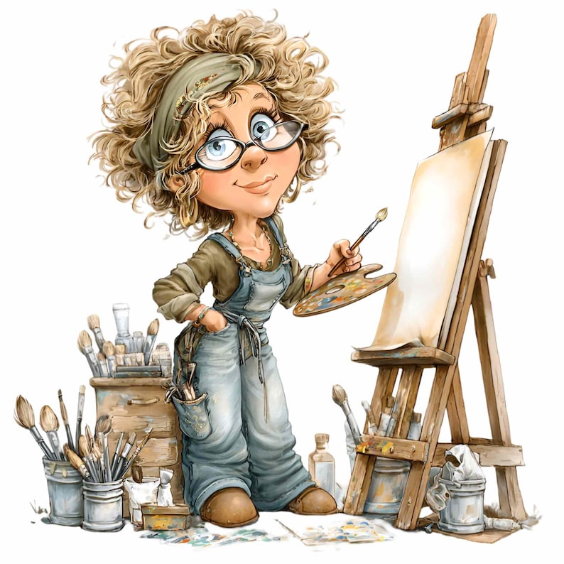 May include: Cartoon illustration of an artist with curly blonde hair, wearing glasses, a green headband, and blue overalls. She holds a paintbrush and a palette, standing next to a wooden easel with a blank canvas. Paintbrushes and supplies surround her.