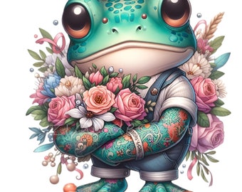 15 PNG Frog Clipart – Floral Character Illustration with Roses for Nursery Fantasy Wall Art