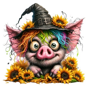 15 Clipart PNG di maialino strega, maialino spettrale con cappello, girasoli e capelli arcobaleno, arte digitale di Halloween