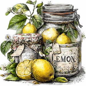 Op de afbeelding: Illustratie van glazen potten gevuld met citroenen en groen. Eén pot heeft een bloemenpatroon deksel. De potten zijn gelabeld "Lemon" en hebben labels. Een halve citroen op de voorgrond. Vintage, botanisch thema.