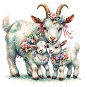 10 Clipart de Família de Cabra Floral PNG – Cabra Mãe com Dois Cabritos, Flores, Fitas, Pérolas e Pingente de Fazenda Pastel