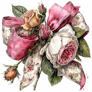 May include: An illustration of a bouquet of roses and a pink ribbon. The roses are in shades of white, pink, and yellow, with green leaves and stems. The ribbon is a vibrant pink with a floral pattern on the edges. The artwork has a vintage, botanical feel.