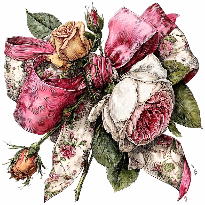 May include: An illustration of a bouquet of roses and a pink ribbon. The roses are in shades of white, pink, and yellow, with green leaves and stems. The ribbon is a vibrant pink with a floral pattern on the edges. The artwork has a vintage, botanical feel.