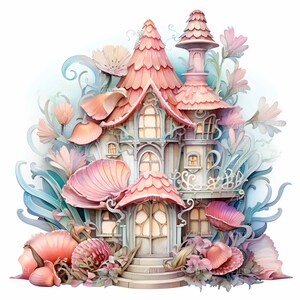 25 JPEG Fantasy cottage clipart – Fairy house JPG design – Pastel floral shell art for kids decor, invitations, magical digital paper