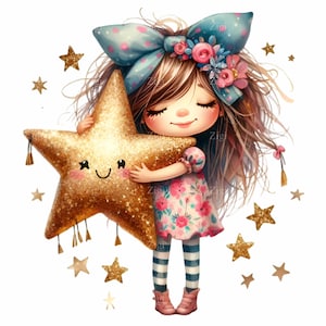 15 Cute Girl Hugging Star PNG Clipart – Floral Dress Girl with Big Bow Holding Glitter Star – Whimsical Celestial Art