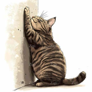 Peut inclure: Un chat tabby avec des rayures brunes et noires s'étire contre un mur blanc. Le chat a les yeux fermés et la bouche légèrement ouverte, comme s'il appréciait l'étirement.