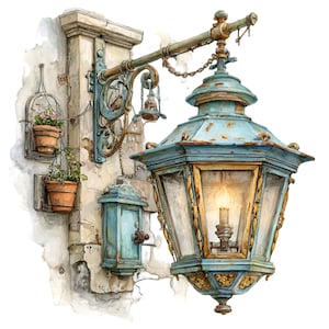 May include: A watercolour illustration of a vintage blue and gold street lamp with a lit candle inside. The lamp is mounted on a weathered stone wall, with a small hanging planter and a matching blue box. The lamp has a decorative chain.