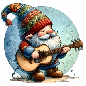 12 Guitar Gnome Clipart PNG – Leuke kabouter die akoestische gitaar speelt, bloemenhoed, blauwe besneeuwde achtergrond – digitale download