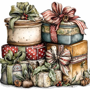 Op de afbeelding: Een stapel decoratieve geschenkdozen met verschillende patronen en kleuren. De dozen zijn versierd met grote, sierlijke strikken in groen, rood en crème. Sommige dozen hebben stippen, andere bloemmotieven. De algehele esthetiek is vintage en feestelijk.