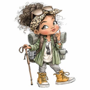 Pode incluir: Ilustração de uma menina vestida para caminhadas, usando uma jaqueta verde, calças cinza e botas de caminhada amarelas. Ela tem uma mochila, óculos de sol e um bastão de caminhada. Uma bandana com estampa de leopardo e óculos de sol estão em seu cabelo encaracolado.