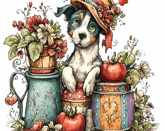 15 PNG Gardening Dog Straw Hat Pet Clipart, Tomato Flower Graphic