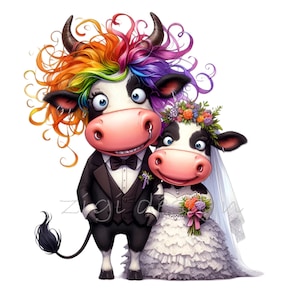 12 lindas vacas de boda PNG clipart, descarga digital de vacas de novios, divertida ilustración de animales de granja para boda