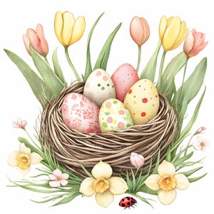 16 JPG påskägg akvarell Clipart, vårboillustration, blommiga ägg, handmålad högtid