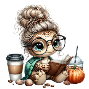 Turtle Clipart PNG - 12 Tartarughe carine con occhiali che leggono un libro, caffè e zucca - Arte digitale autunnale