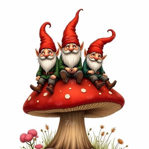 20 gnomes JPEG sur des cliparts champignons - Illustration JPG fantastique de la forêt - Mignons gnomes à bonnet rouge pour décoration de chambre d'enfant, autocollants, travaux manuels