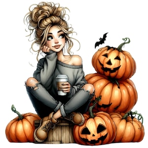 15 imágenes PNG de chica de otoño, chica de cabello desordenado con café y calabazas, arte de calabaza de Halloween otoñal