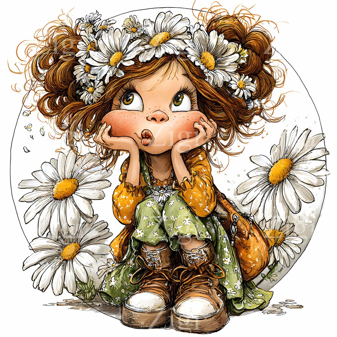 16 JPEG Winking Girl With Daisy Clipart – Cute Child JPG Illustration ...
