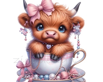 12 PNG Teacup calf – Cute highland cow clipart – PNG for nursery prints, baby shower decor, pastel crafts, girly digital design